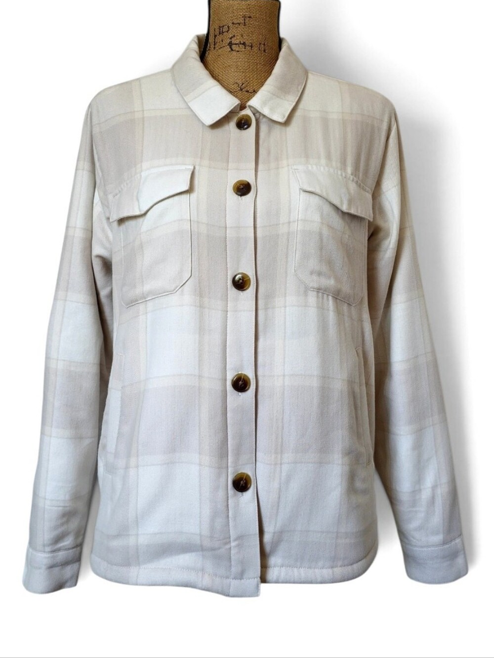 Kuhl Ember Sherpa Lined Flannel Shirt Women's Jacket Cream Plaid Shacket Cozy, S